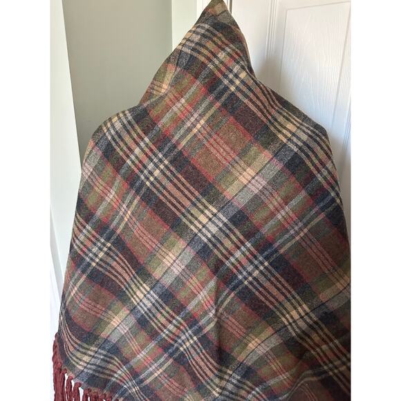 Vintage Plaid Wool Shaw Fringe Triangle brown rust gray olive green 82”x82” - Picture 6 of 16